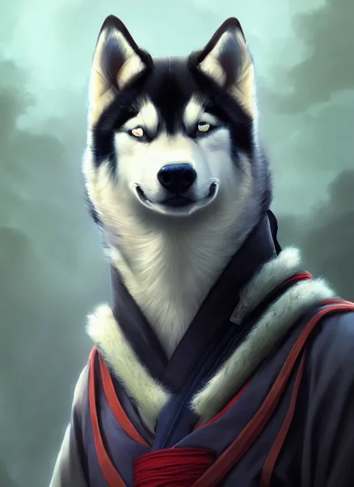 Image similar to beautiful portrait of a male anthro husky wearing samurai kimono. character design by charlie bowater, ross tran, artgerm, and makoto shinkai, cinematic, detailed, soft lighting, rendered in octane