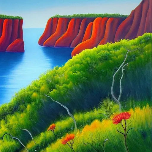 Prompt: painting of a lush natural scene on an alien planet by april gornik. beautiful landscape. colourful weird vegetation. cliffs and water.