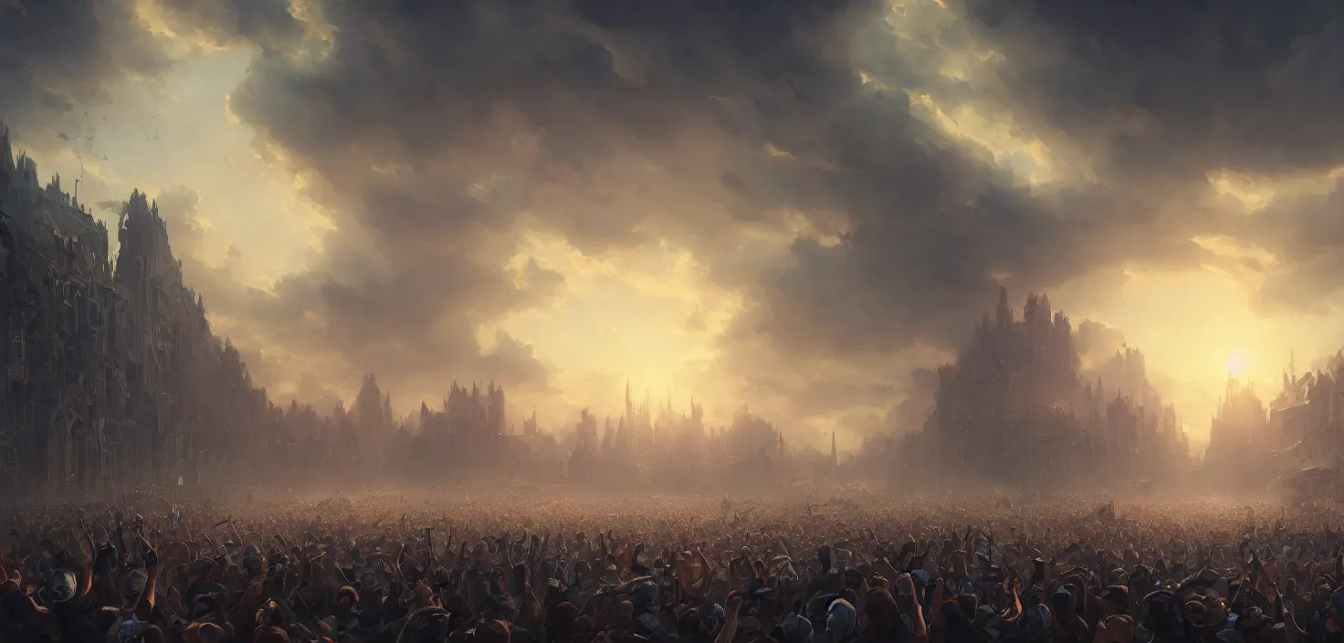 Prompt: painting of a crowd with raised arms pointing toward, cinematic view, epic sky, detailed, concept art, low angle, high detail, warm lighting, volumetric, godrays, vivid, beautiful, trending on artstation, by jordan grimmer, huge scene, art greg rutkowski