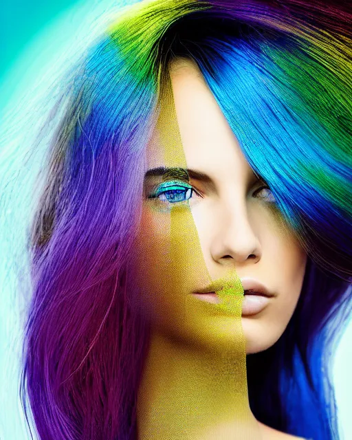 Image similar to dynamic pantene lux hair flip, chic graphic street fashion model, color interference, high fashion photograph portrait, isolated background, WLOP, Alexis Franklin, Felipe Pantone