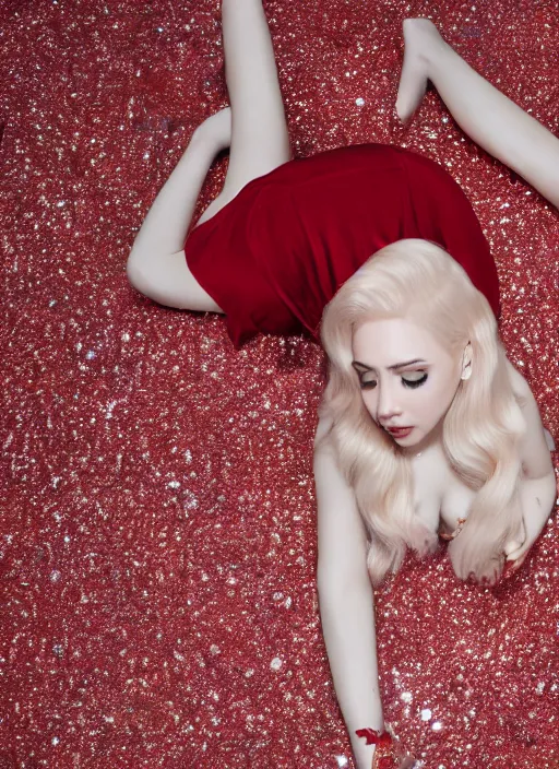 Image similar to ava max bright red hair lying on the floor surrounded by diamonds, canon, highly realistic. high resolution. highly detailed. dramatic. 8 k. 4 k.