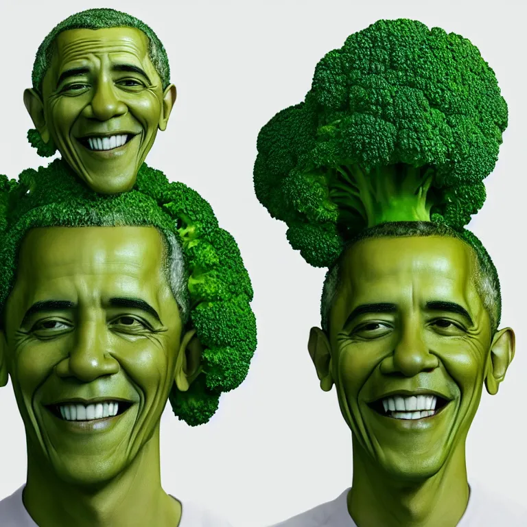 Image similar to ( barack obama plays a head of broccoli with green skin ) hyperrealistic medium shot studio portrait of barack obama smiling and looking like broccoli with green skin, hyperrealistic sculpture by ron mueck, photographed by annie liebovitz trending on artstation 8 k shocking detail hard shadows