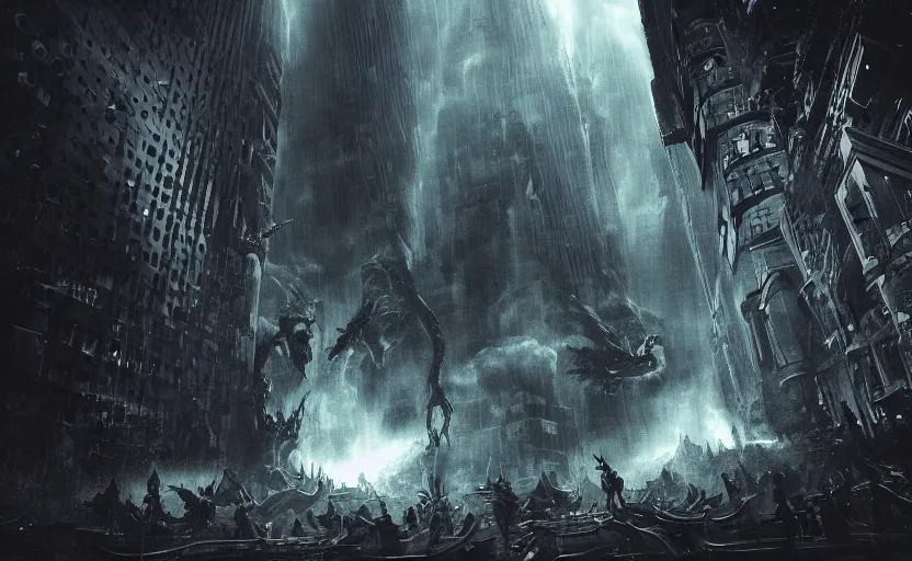 Image similar to an epic extraterrestrial battle in new york city, in the style of the abyss, epic scene, extremely detailed masterpiece, extremely moody lighting, glowing light and shadow, atmospheric, shadowy, cinematic, god lighting