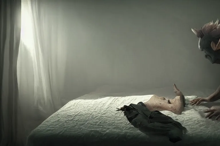 Image similar to vfx movie scene sleep paralysis night, a monster outside the bedroom window, natural lighting by emmanuel lubezki
