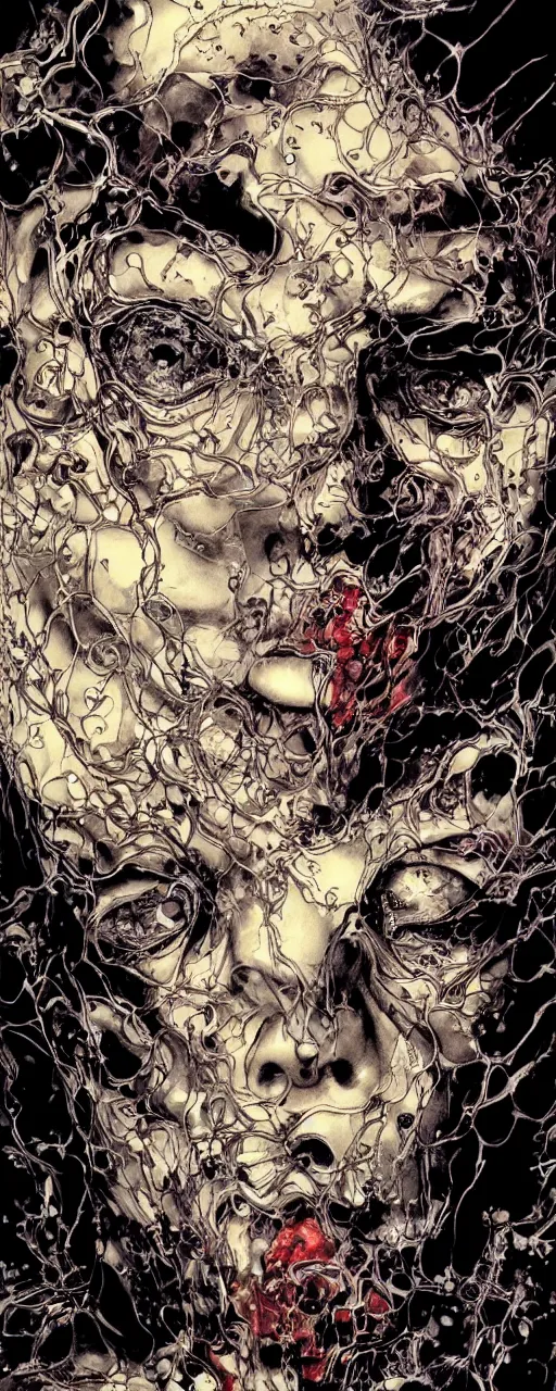 Image similar to closeup of face melting in agony, inside dark oil, frontal picture, by yoichi hatakenaka, masamune shirow, josan gonzales and dan mumford, ayami kojima, takato yamamoto