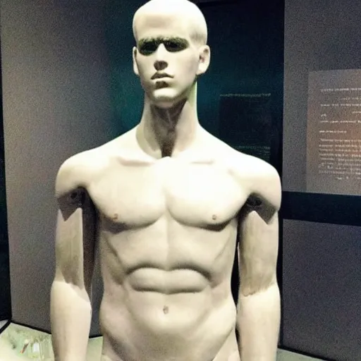 Image similar to “ a realistic detailed photo of a guy who is an attractive humanoid who is half robot and half humanoid, who is a male android, actor liam hemsworth, shiny skin, posing like a statue, blank stare, at the museum, on display ”