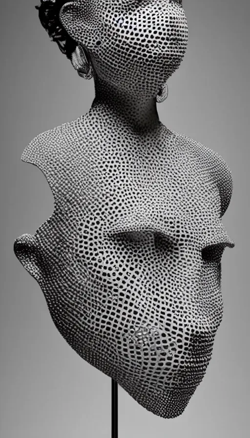 Image similar to a woman with a plastic mask on her face, a surrealist sculpture by alexander mcqueen, trending on pinterest, plasticien, trypophobia, biomorphic, made of plastic