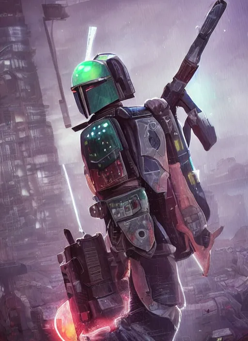 Image similar to cyberpunk cybermancer cyberpunk x boba fett, fantasy 3 d digital art, character mashup, epic volumetric lighting, combination art