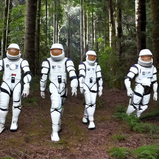 Image similar to a squad of space scouts and a tall robot wearing camo uniforms with white armor and helmets exploring a forest planet