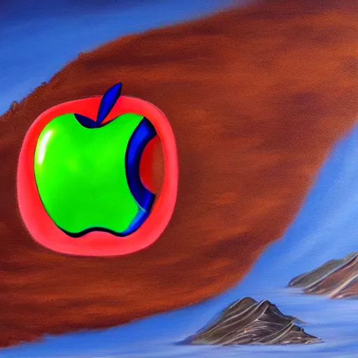 Image similar to airbrush painting of a chrome plated apple in the desert