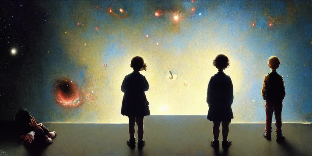 Image similar to a 5 year old boy and 1 2 year old girl looking at a wall and viewing the universe full of galaxies, imagination, part by norman rockwell, part by greg rutkowski, part by mattias adolfsson, high angle, ( ( ( ( volumetric lighting ) ) ) ), oil on canvas