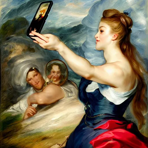 Image similar to heavenly summer sharp land sphere scallop well dressed lady taking a selfie with her cellphone auslese, by peter paul rubens and eugene delacroix and karol bak, hyperrealism, digital illustration, fauvist, cellphone