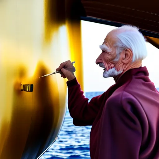 Image similar to wrinkled hunchbacked old man in musty burgundy suit, polishing painting the side of a huge gold plated mega yacht with a cloth, maintenance photo