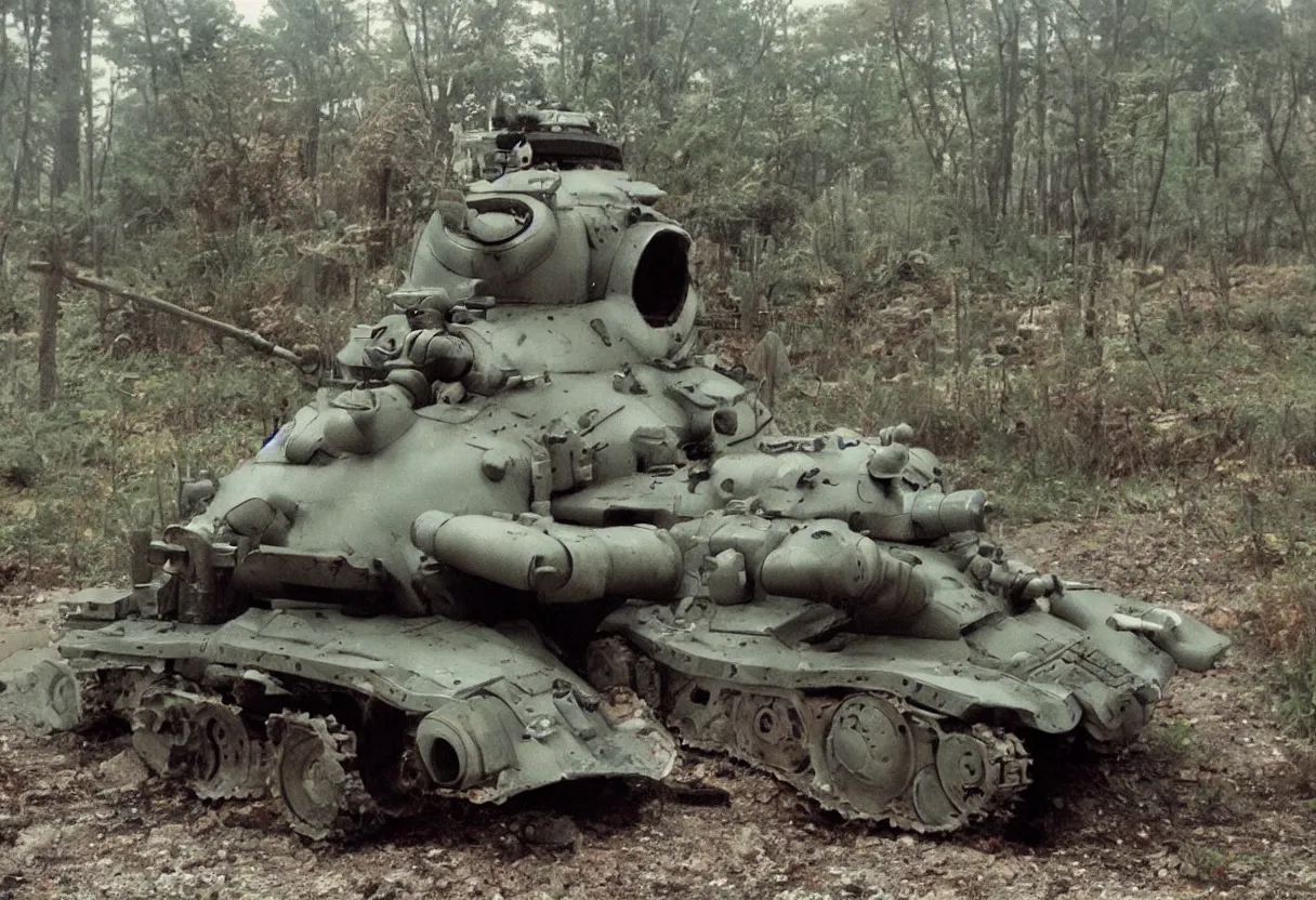 Prompt: totoro tank, post apocalyptic style. fox holes. rich color, shot on film, wide angle, storming