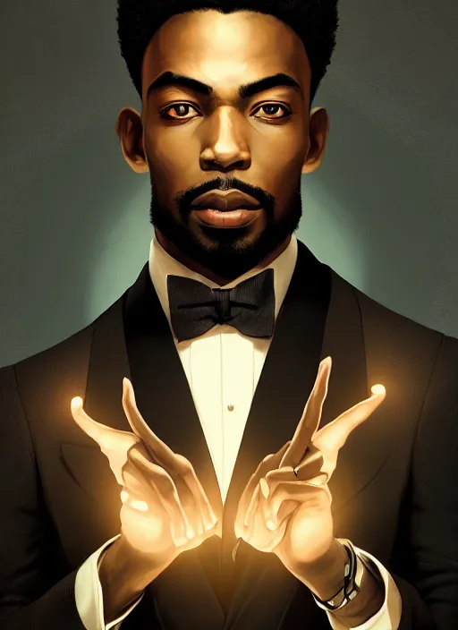 Prompt: portrait of handsome black genius in tailored suit, world map background, clean cut with goatee, intricate baroque thoughts, elegant atmosphere, glowing lights, highly detailed, digital painting, artstation, concept art, smooth, sharp focus, illustration, art by wlop, mars ravelo and greg rutkowski