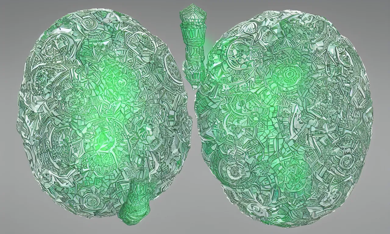 Image similar to mandrelbot 3 d volume fractal mandala ceramic chakra digital color stylized an ancient white bone and emerald gemstone relic, intricate engraving concept 3 d point lighting substance patern natural color scheme