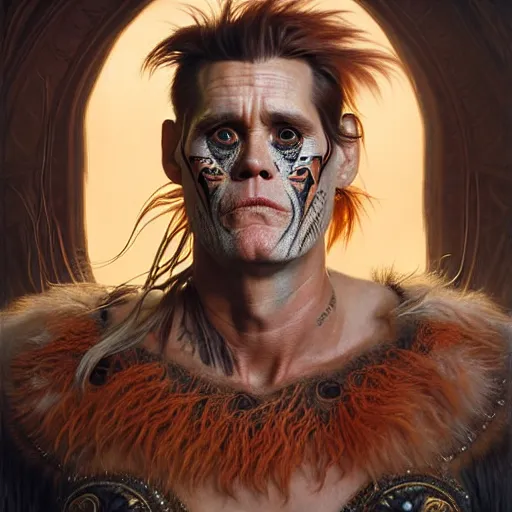 Image similar to portrait painting of jim carrey with a soft expression and short light orange hair and tribal tattoos on his face wearing fur armor, ultra realistic, concept art, intricate details, eerie, highly detailed, photorealistic, octane render, 8 k, unreal engine. art by artgerm and greg rutkowski and charlie bowater and magali villeneuve and alphonse mucha