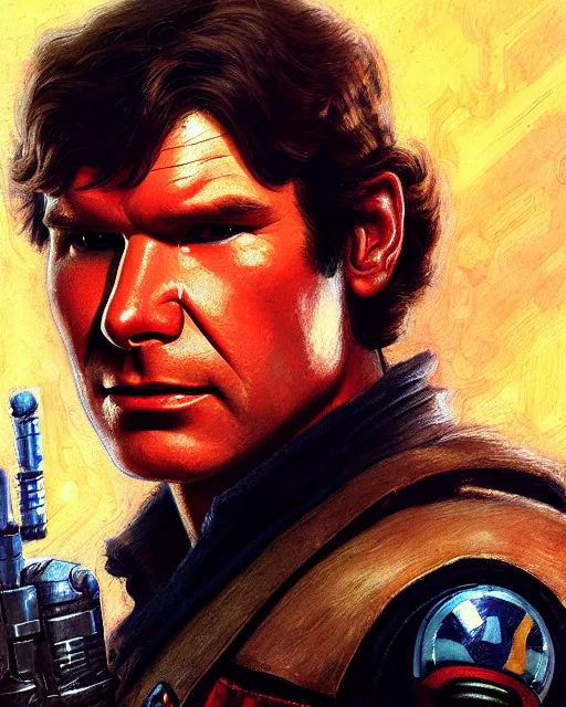 Image similar to character portrait closeup 4 0 years old han solo harrison ford cyberpunk starcraft terran warhammer 4 0 k space marine, confident, character design, painting by gaston bussiere, katsuya terada, frank frazetta, tom of finland, gta v, wlop, artgerm, trending on artstation