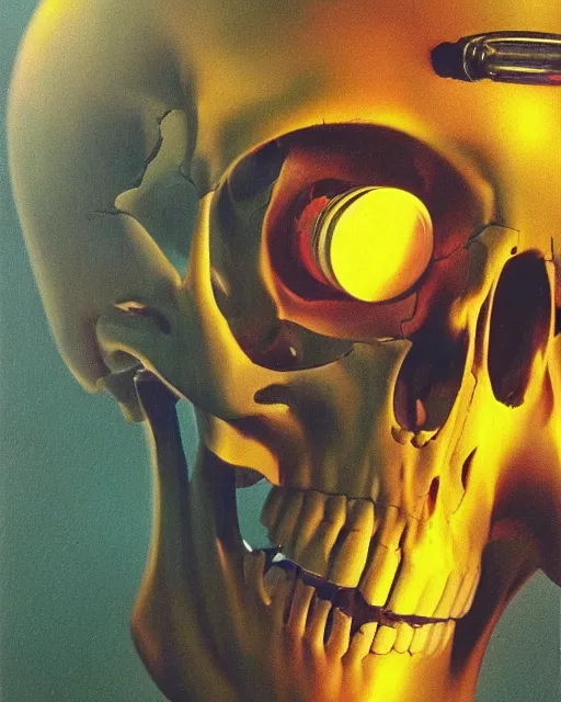 Image similar to a skull observing 8 0 s era technology, vintage shapes, retro technology, vintage color, wayne barlow, oil on canvas, deep depth of field, masterpiece, cinematic composition, hyperdetailed