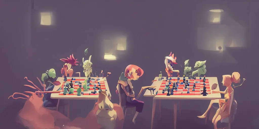 Prompt: cute anime monsters playing chess by Goro Fujita and Simon Stalenhag and Kandinsky and Magritte, 8k, trending on artstation, hyper detailed, cinematic