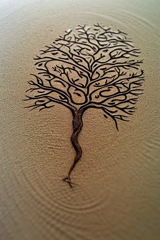 Prompt: a tree, drawn in the sand, intricate, elegant, highly detailed, smooth, sharp focus, artstation