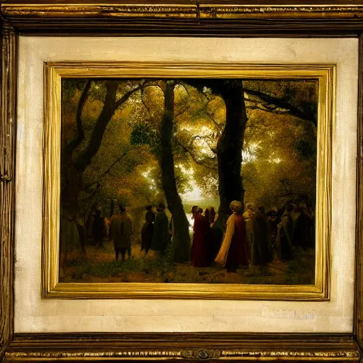 Image similar to Experimental art. a group of people gathered around a large tree in a forest. The tree is surrounded by a bright light, and the people appear to be looking up at it in wonder. pear, cream by Eastman Johnson forbidding, atmospheric