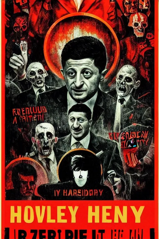 Prompt: president zelensky is in hell, art in the style of a poster for horror films in a cinema, detailed art in color