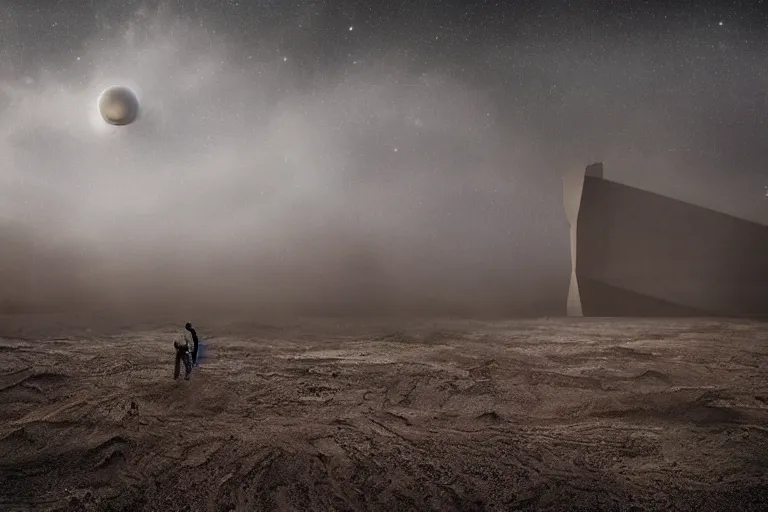 Prompt: landscape photography alien dust with a sandstorm and huge futuristic grungy industrial buildings. distant planets and galaxies in the starry space skyline. men standing and working around the area. huge sense of scale. cinematic