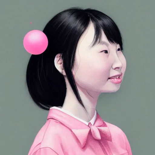 Image similar to portrait of asian girl with muji shirt, round face, black hair, ponytails, skinny, smile, attractive, small chin, wearing pink hair bow, earrings, with a japanese print background, intricate, elegant, glowing lights, highly detailed, digital painting, artstation, sharp focus, illustration, art by wlop, mars ravelo and greg rutkowski