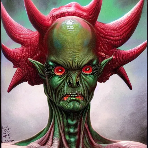 Prompt: realistic alien medium shot portrait with horns, green. red eyes, human eyes, background flames, by wayne barlowe