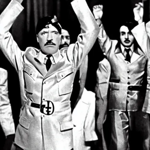 Image similar to A movie still of Hitler wearing a disco suit in Satuday Night Fever