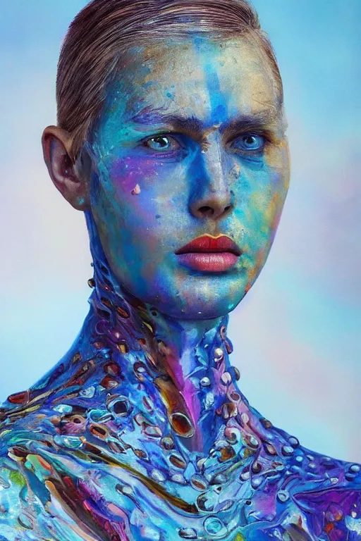 Image similar to hyperrealism oil painting, close - up portrait of face from a tangle of snakes fashion model, knight, street art gradient mixed with nebula sky, in style of baroque