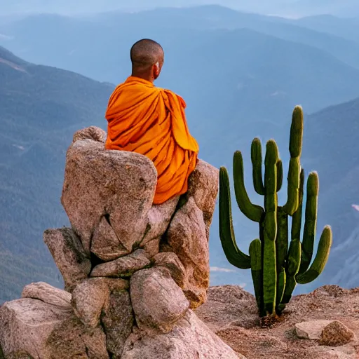 Prompt: monk sitting on a cactus chair on a mountaintop