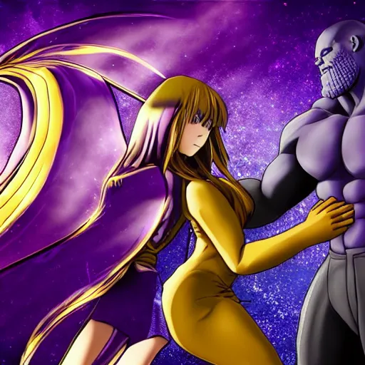 Prompt: thanos hugging his anime girl, extreme detail, epic focus, 4 k, anime style,