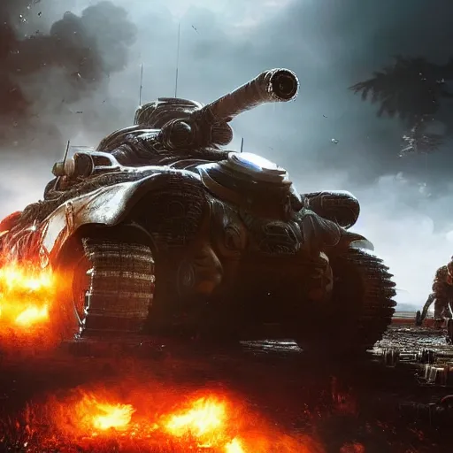 Image similar to a 'Blastoise Tank' in 'Gears of War', splash art, movie still, cinematic lighting, detailed face, dramatic, octane render, long lens, shallow depth of field, bokeh, anamorphic lens flare, 8k, hyper detailed, 35mm film grain