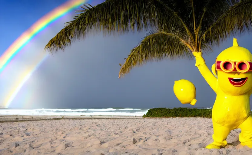 Prompt: a photograph, of a real anthropomorphic lemon cartoon character, it has lemon skin texture, otand a vr goggles, it's building a sandcastle on the beach at sunset, beach, huge waves, bright sun, turbid clouds, rainbow, tropical trees, rim light, sand, sandcastle, volumetric lightening, pentax k 1 0 0 0