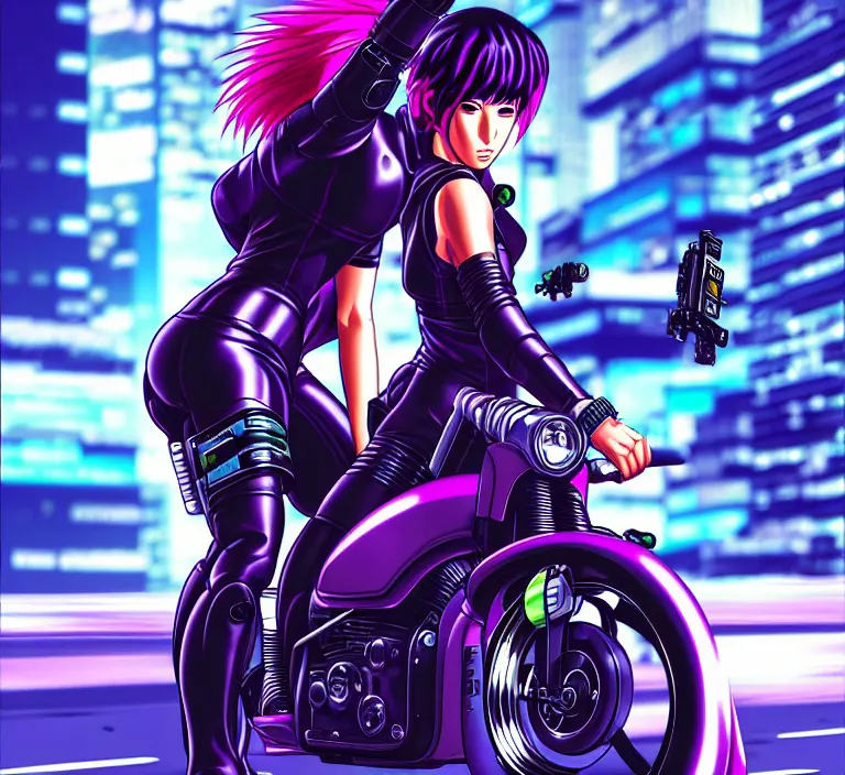 Image similar to motoko kusanagi riding a cyberpunk vehicle in a grungy cyberpunk megacity, bosozoku gang war, cyberpunk vaporwave, artgerm, sola digital arts, anti aliasing, raytracing