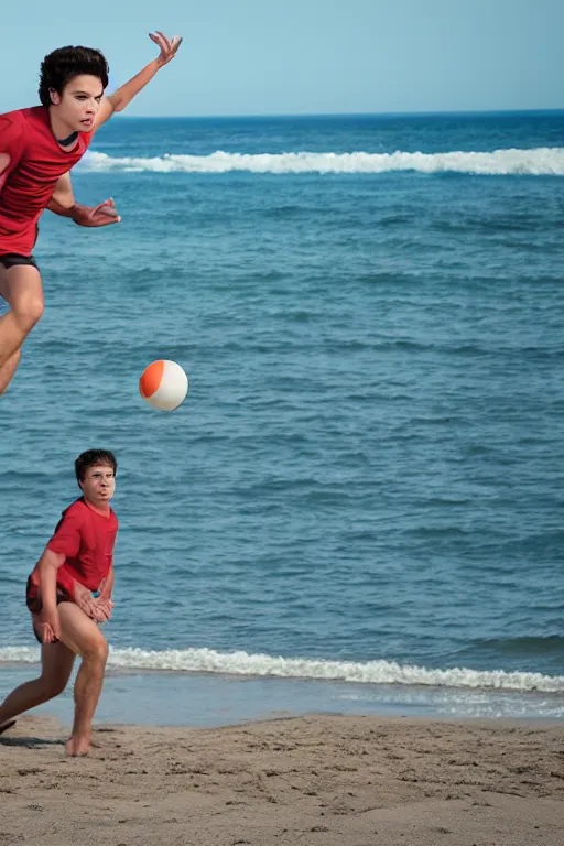 Prompt: young jake t. austin playing volley ball on the beach in beach kings film, red weapon 8 k s 3 5, cooke anamorphic / i lenses, highly detailed, cinematic lighting