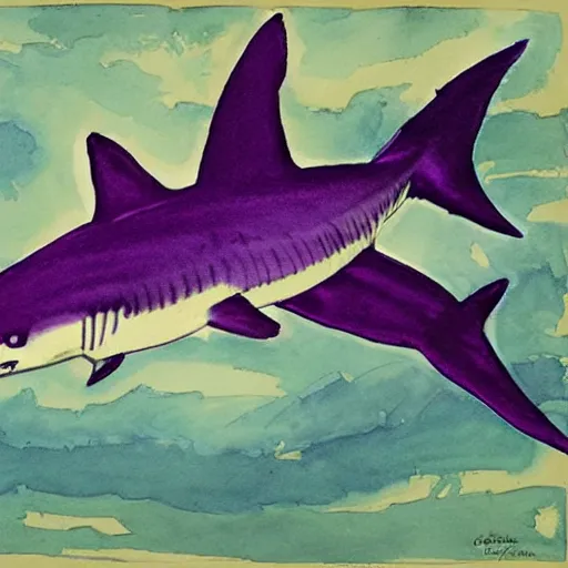 Prompt: watercolor of a purple shark by charles e. burchfield