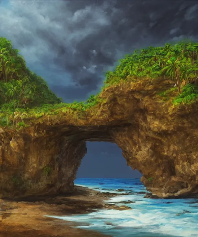Prompt: photorealistic painting of turtle bay beach jamaica, sharp cliffs, island with cave, dark, atmospheric, brooding, smooth, finely detailed, cinematic, epic, lovecraft, in the style of larry elmore