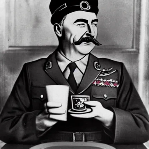 Image similar to joseph stalin enjoying a happy meal at mcdonald's, colored, 8 k, hyperdetailed