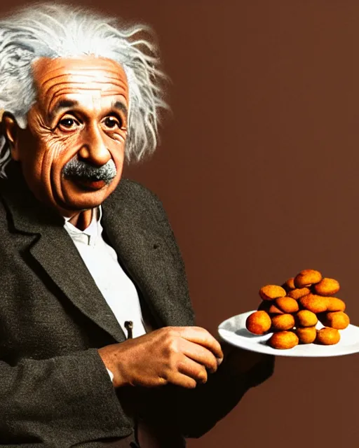 Image similar to A photo of Albert Einstein eating gulab jamun, highly detailed, trending on artstation, bokeh, 90mm, f/1.4