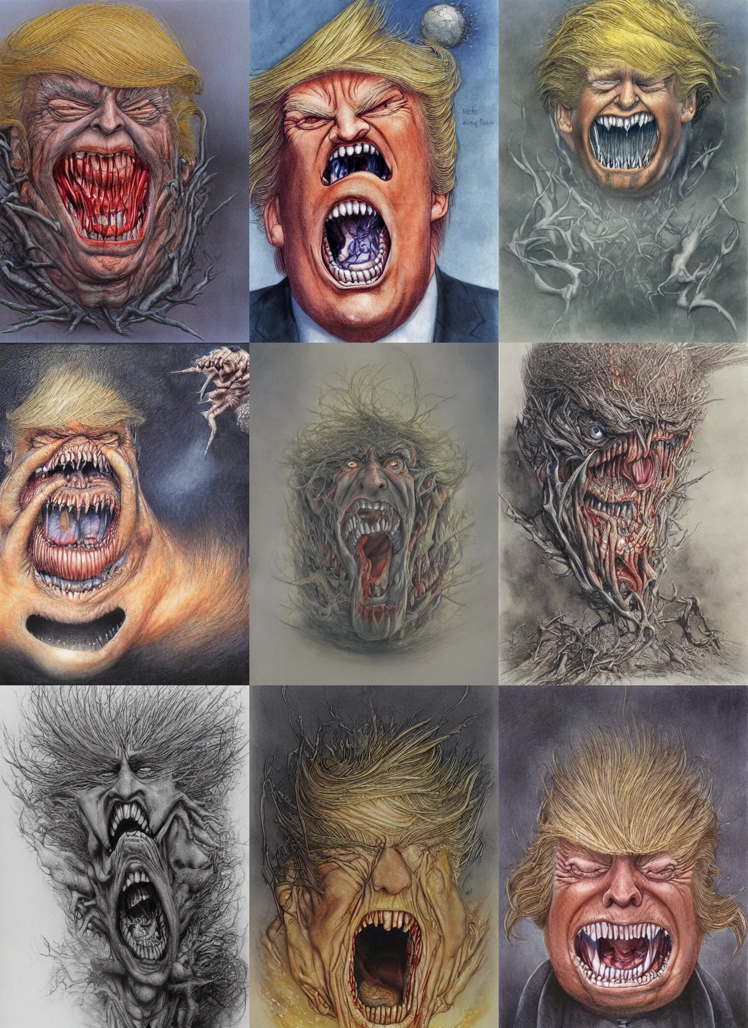 Prompt: donald trump's repulsive true form bursting from within, by alan lee