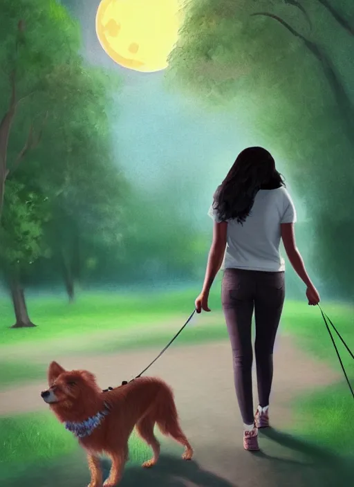 Image similar to young beautiful brown woman walking her dog in a park at night with a full moon, illustration, photoreal, fantasy, trending. masterpiece work of art . oil on canvas. Digitally painted. Realistic. 3D. 8k. UHD.