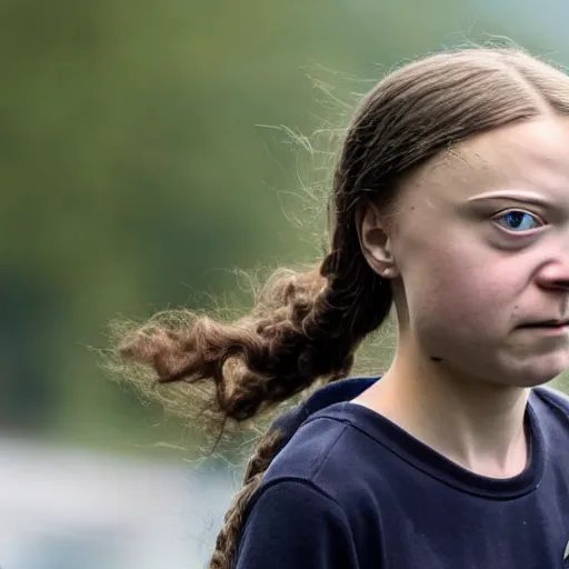 Image similar to photo of greta thunberg being chased by man with short brown curly hair at the top of a very tall tower