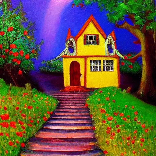 Prompt: fairytale house, amazing colors, path leading to the house, oil painting, trending,