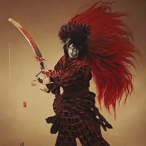 Image similar to an epic portrait of insane kabuki male wielding a spear covered in a distorting aura, intricate hakama, poofy red wig, eerie, highly detailed, dark fantasy, shallow depth of field, art by artgerm and greg rutkowski