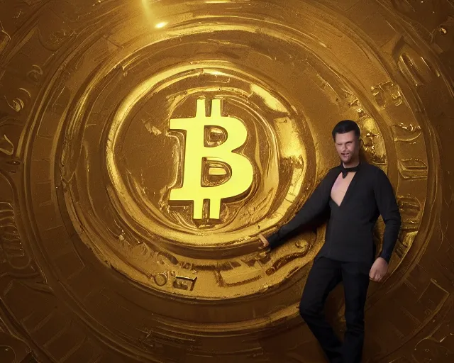 Image similar to attractive oiled up glossy man posing in front of a huge golden bitcoin, angelic light, commercial by annie liebovitz, gaston bussiere, craig mullins, j. c. leyendecker, photorealistic, trending artstation, 8 k, smooth