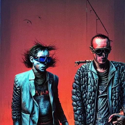 Image similar to cyberpunk sonny barger and hunter thompson by beksinski and tristan eaton, dark neon trimmed beautiful dystopian digital art