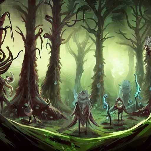 Prompt: a group of people standing in a dark forest, attacked by tentacles, concept art, 2 d game art